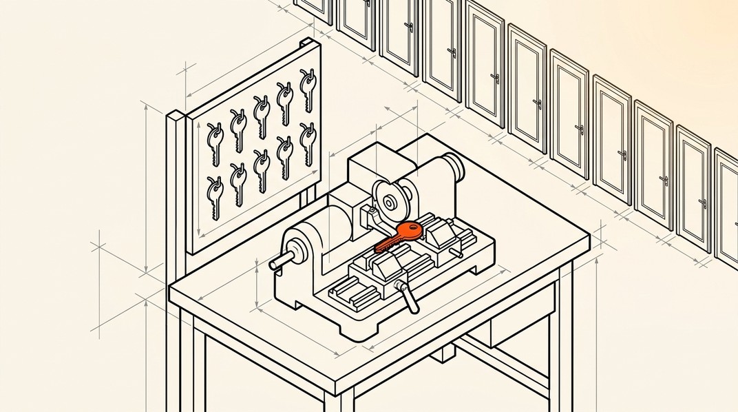 A bench-mounted key-duplicating machine is cutting a copy of one master key from a hook board that holds eight. Behind the bench, a long row of identical doors runs into the distance.