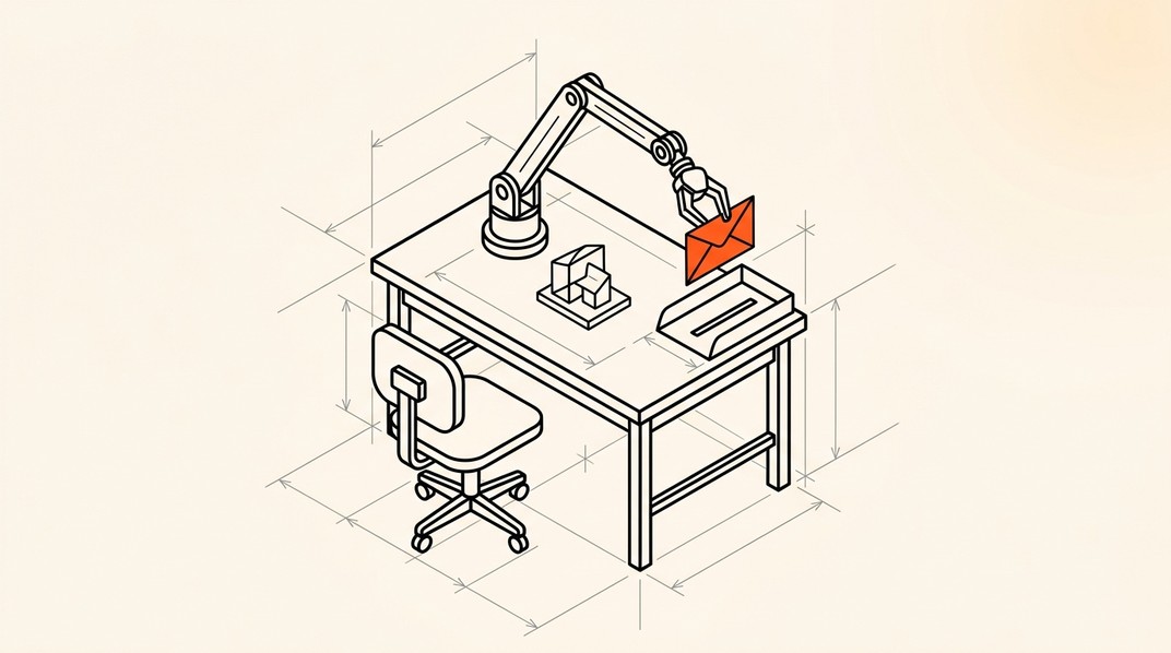 At an empty drafting desk with the chair pushed back, a jointed mechanical arm has finished assembling a small model and now holds a sealed envelope, stopped just above the slot of an outbox tray.