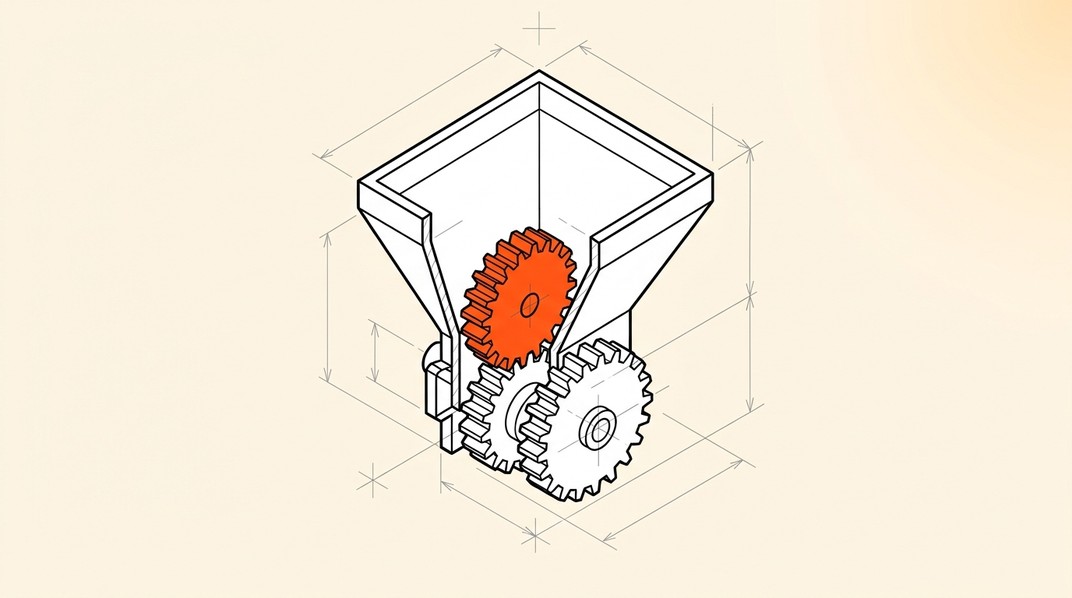 An isometric cutaway of a storage hopper shows an orange toothed cam slipping through its open intake and meshing with the drive gears beneath.