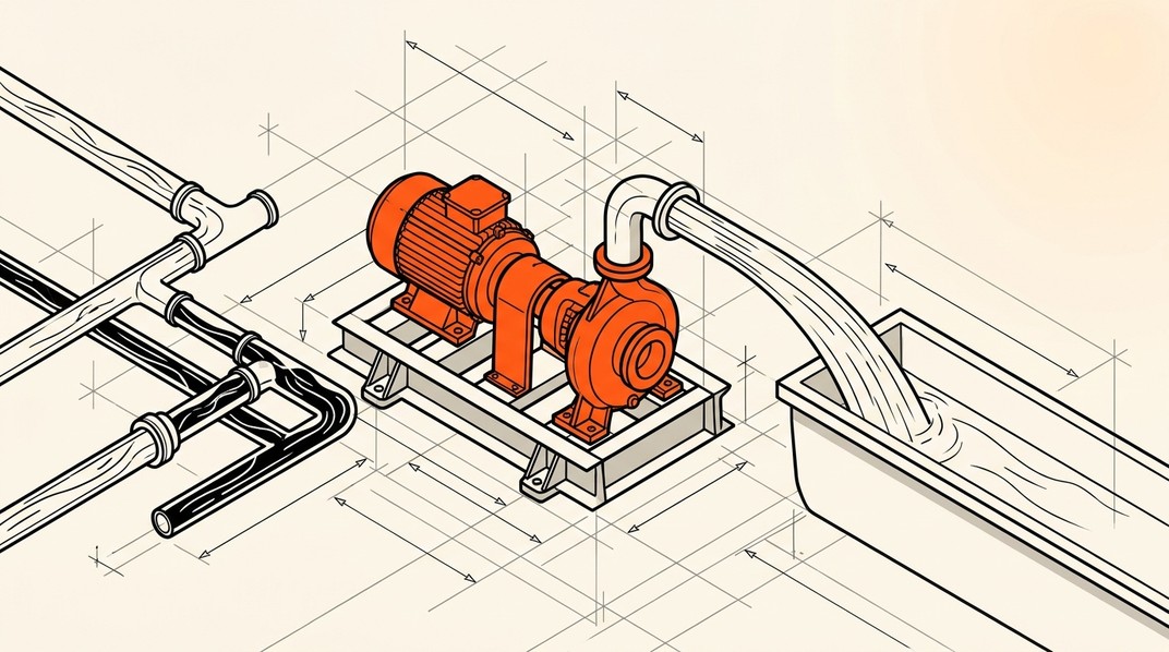 An orange pump sits in a fitted cradle, drawing water through branching inlet pipes and pouring a continuous stream into an open trough, in an isometric engineering blueprint.