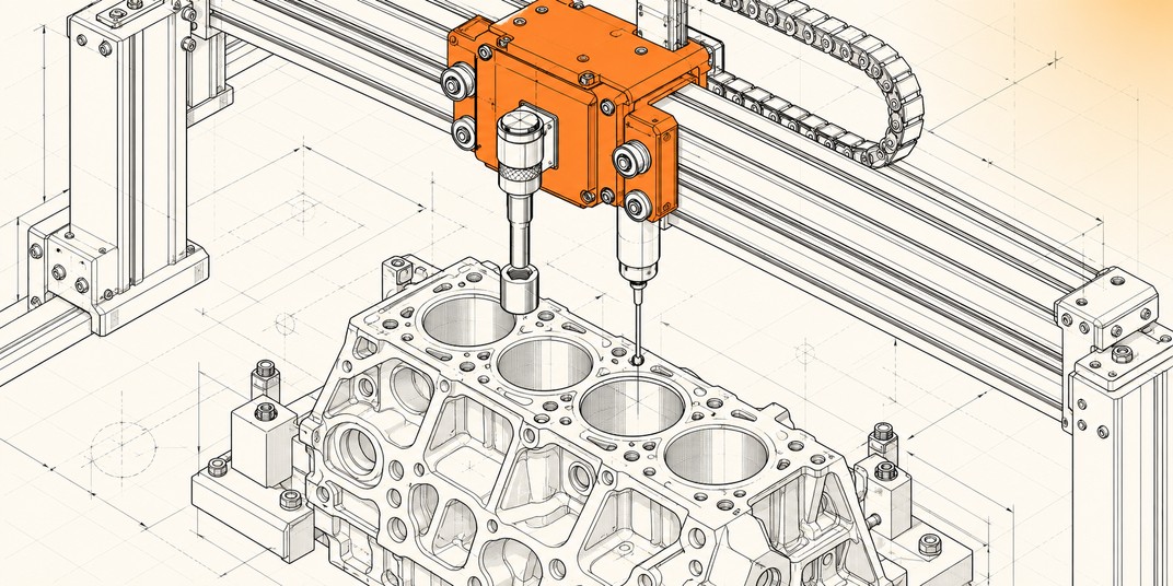 An isometric tool carriage holds a socket wrench and a measuring probe over the same engine block, with only the carriage coloured orange.
