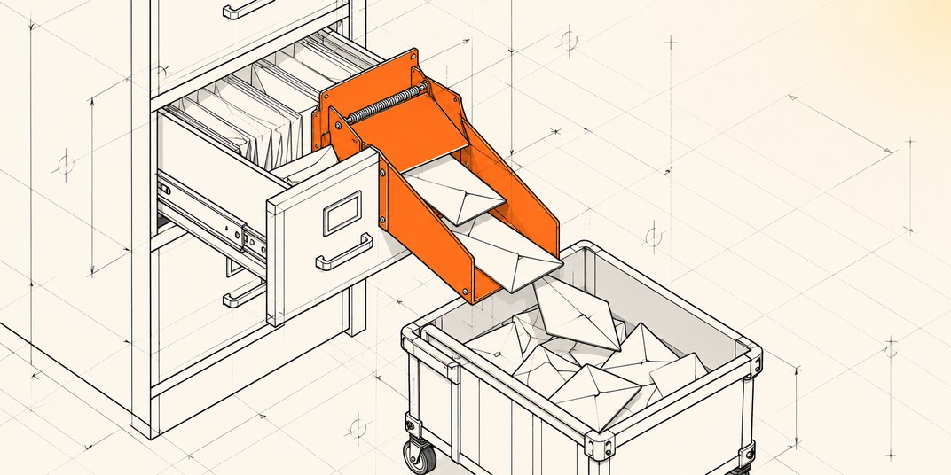 An isometric filing cabinet has an orange extraction chute fitted into its drawer, spilling sealed envelopes into a portable collection bin while a spring-loaded flap closes behind them.