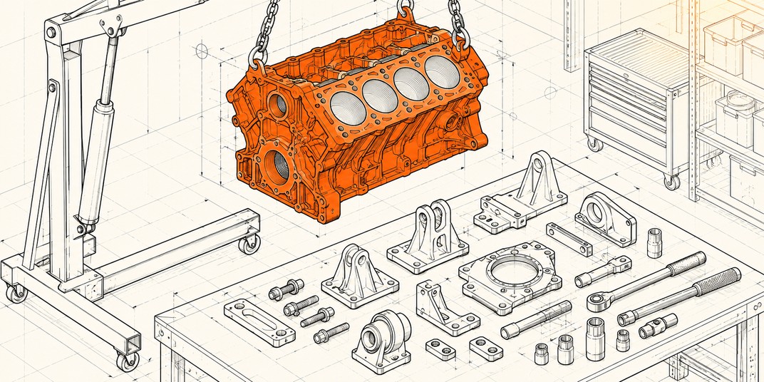 An orange engine block hangs above a workbench covered with uncoloured mounting brackets, adapters and worn socket wrenches in an isometric engineering blueprint.