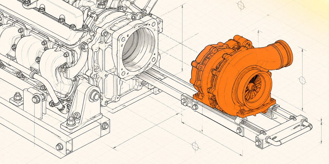 An orange turbocharger rests on an extraction rail beside the empty mounting socket of a large mechanical engine, drawn as an isometric engineering blueprint.