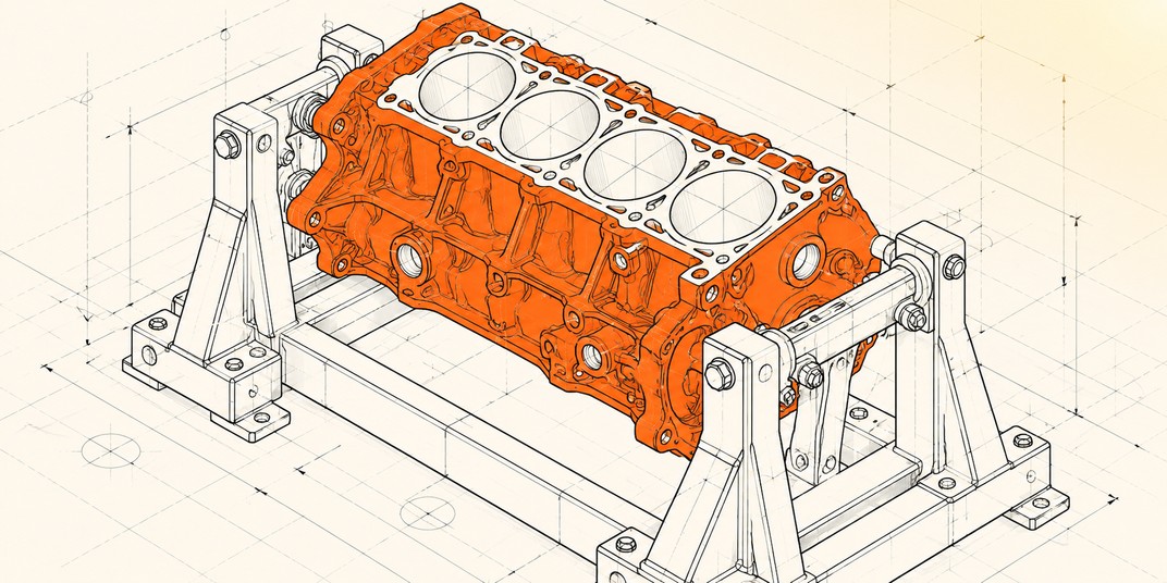 An orange engine block rests unchanged inside a substantial uncoloured maintenance cradle, drawn as an isometric engineering blueprint.
