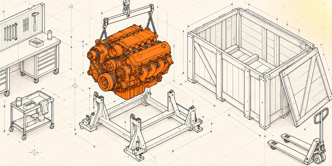 An isometric patent drawing of an orange engine suspended above a workshop mounting cradle beside an open shipping crate, with all surrounding objects in monochrome blueprint lines.